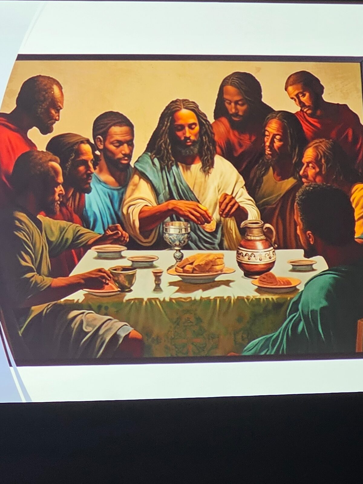 Artwork portraying Jesus sharing a meal with disciples